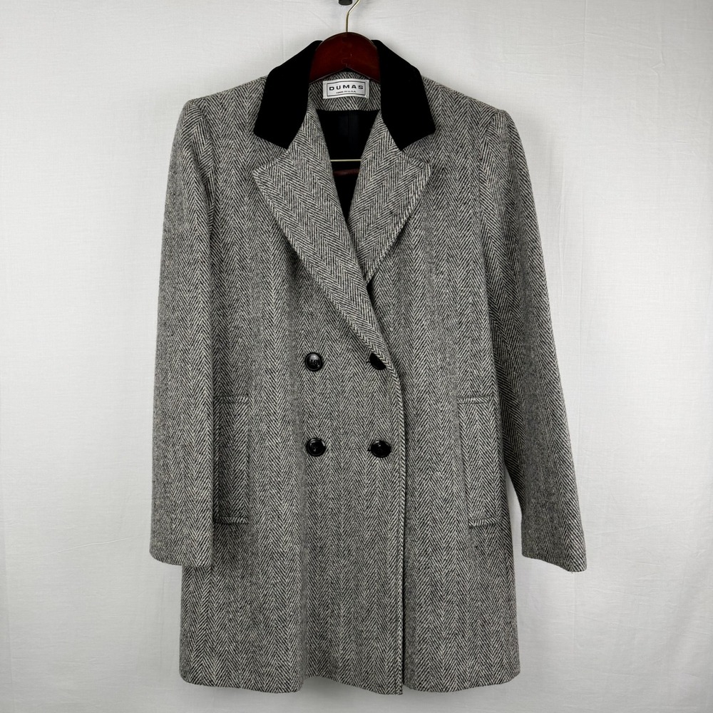 Dumas Vintage Grey Herringbone Wool Blend Pea Coat Velvet Collar Women 7/8 Med